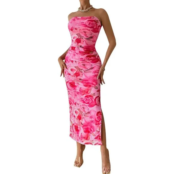 fitted lace wedding dress Women's Summer Cocktail Dress Tube Top Ruffled Tiered Maxi Strapless Dresses